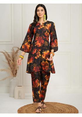 Black Floral Print Cotton Kurta Set