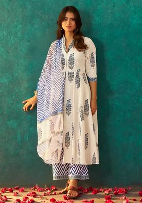 White Floral Print Cotton Anarkali Set