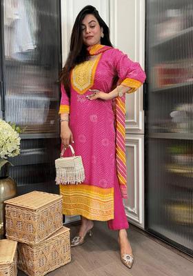 Pink Floral Print Rayon Kurta Set
