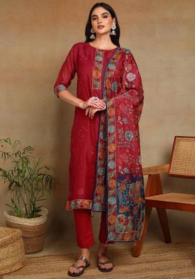 Red Floral Print Chanderi Kurta Set