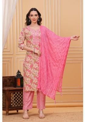 Peach Floral Print Cotton Kurta Set