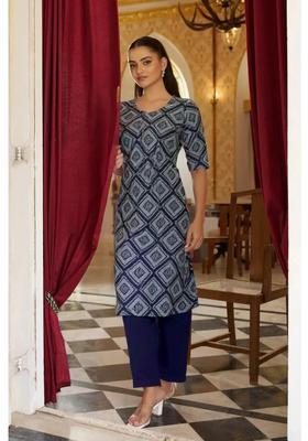 Navy Blue Printed Crepe Kurta Set