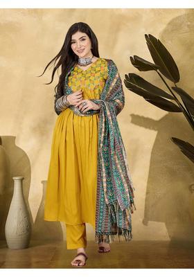 Yellow Embroidery Crepe Kurta Set
