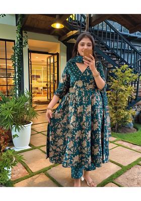 Teal Floral Print Rayon Anarkali Set