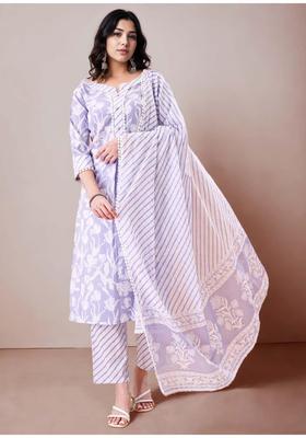 Lavender Floral Print Cotton Kurta Set