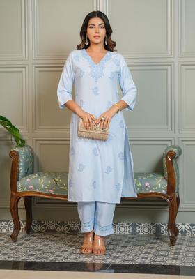 Blue Embroidery Viscose Kurta Set