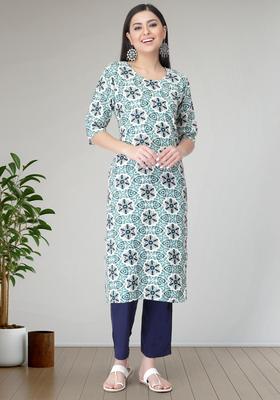 Blue Floral Print Crepe Kurta Set
