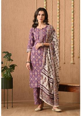 Purple Floral Print Cotton Kurta Set