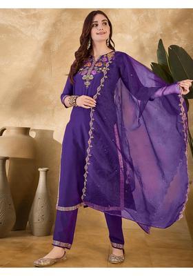 Purple Embroidery Silk Kurta Set