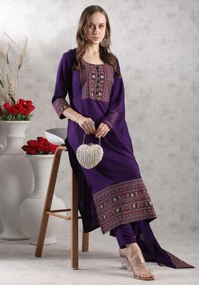Purple Embroidery Rayon Kurta Set