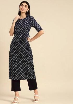 Navy Blue Checked Crepe Kurta Set