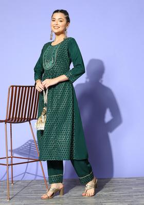 Green Printed Crepe Kurta Set