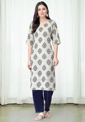 Blue Printed Crepe Kurta Set