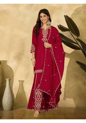 Red Embroidery Chiffon Palazzo Set