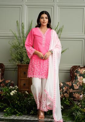 Pink Floral Print Rayon Kurta Set