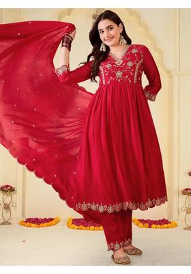 Red Embroidery Silk Anarkali Set