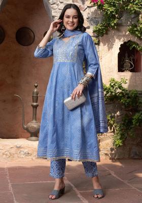 Blue Printed Cotton Anarkali Set