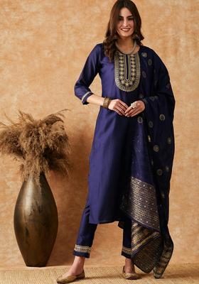 Blue Embroidery Silk Kurta Set
