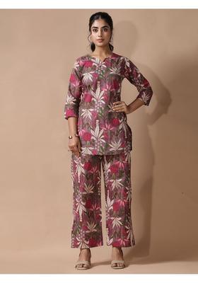 Brown Floral Print Cotton Co-Ord Set