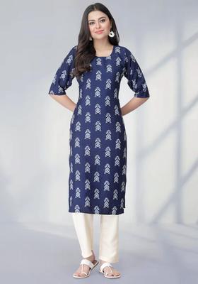 Blue Floral Print Crepe Kurta Set