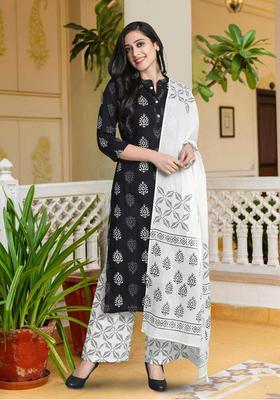 Black Printed Cotton Kurta Set