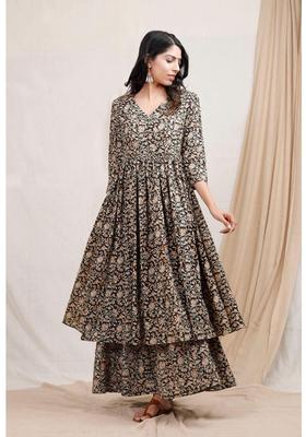 Black Floral Print Rayon Anarkali Set
