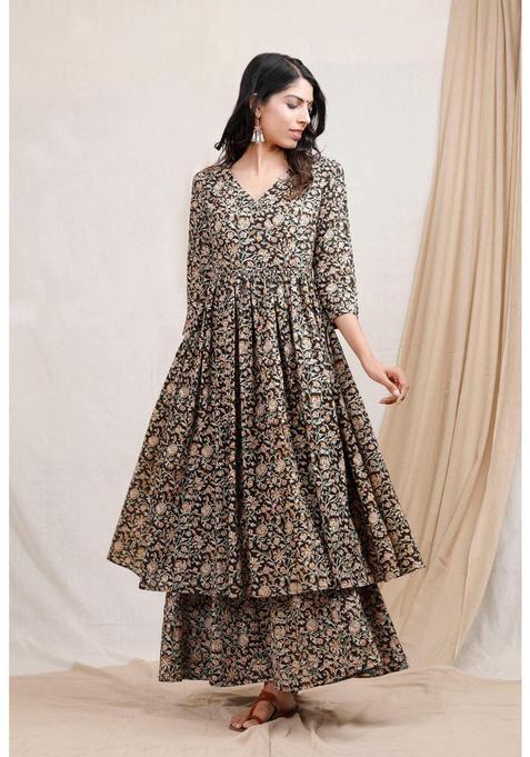 Black Floral Print Rayon Anarkali Set — view on Indya