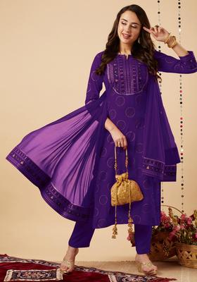 Purple Printed Rayon Kurta Set
