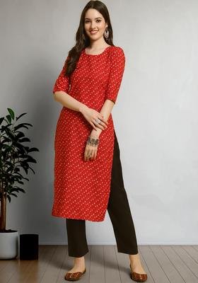 Red Floral Print Crepe Kurta Set