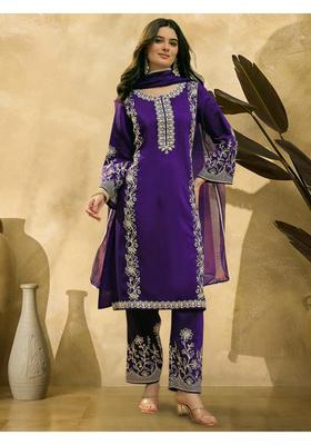Purple Embroidery Silk Kurta Set