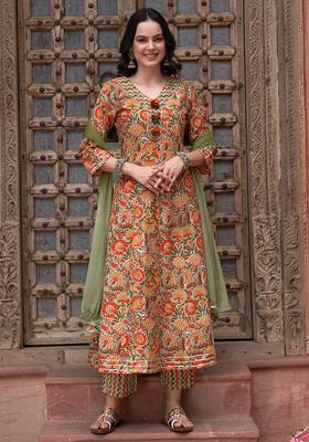 Olive Floral Print Cotton Kurta Set