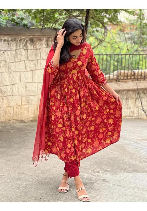 Red Floral Print Rayon Anarkali Set — view on Indya