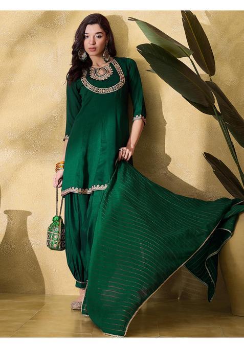 Green Embroidery Silk Salwar Suit Set — view on Indya