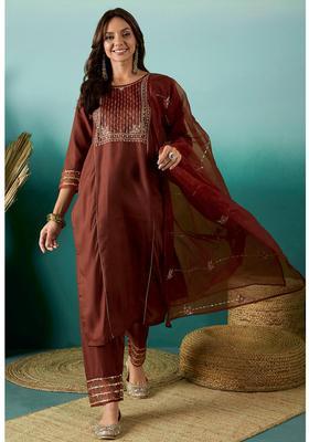 Rust Embroidery Silk Kurta Set