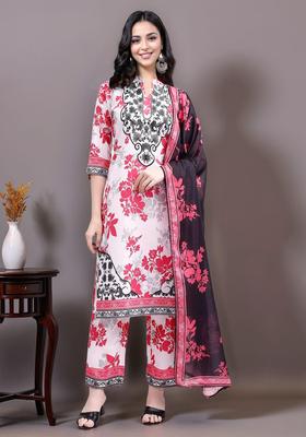 White Floral Print Cotton Kurta Set