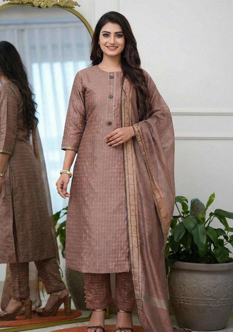 Brown Embroidery Cotton Kurta Set - Indya