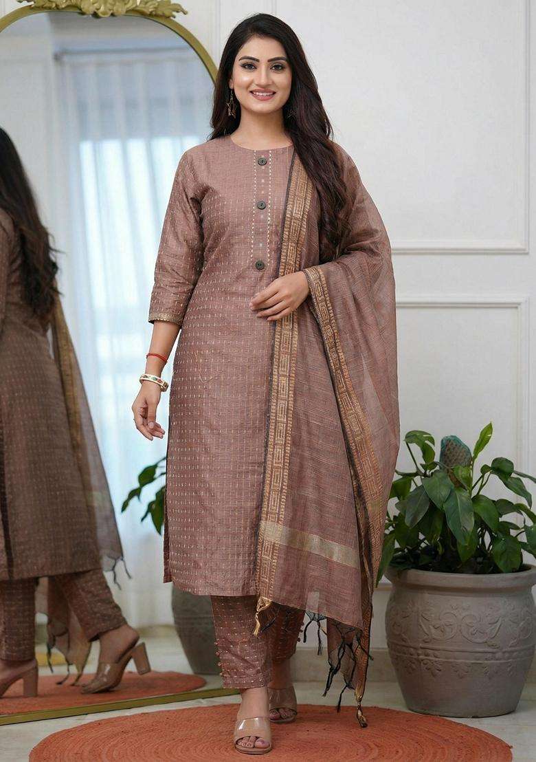 Brown Embroidery Cotton Kurta Set - Indya