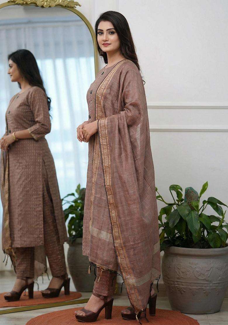 Brown Embroidery Cotton Kurta Set - Indya