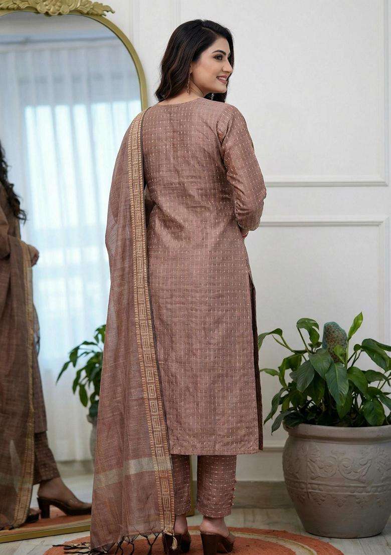 Brown Embroidery Cotton Kurta Set - Indya
