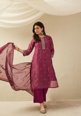 Pink Embroidery Chanderi Kurta Set