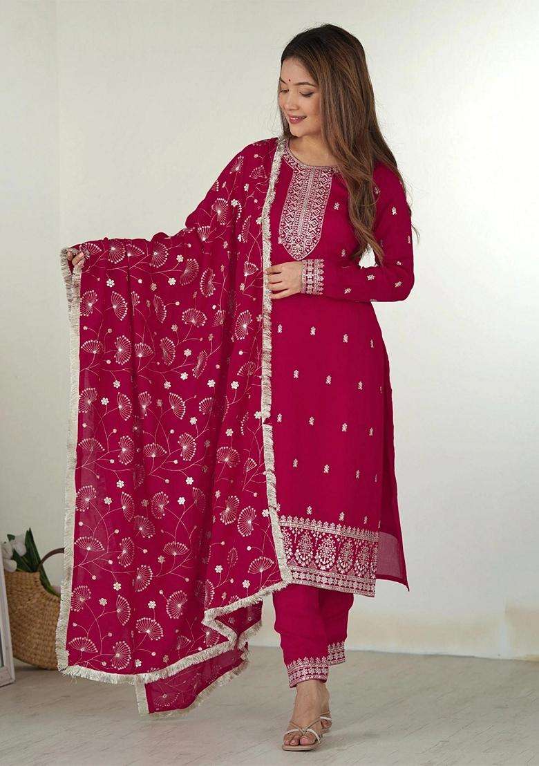 Pink Embroidery Georgette Kurta Set - Indya
