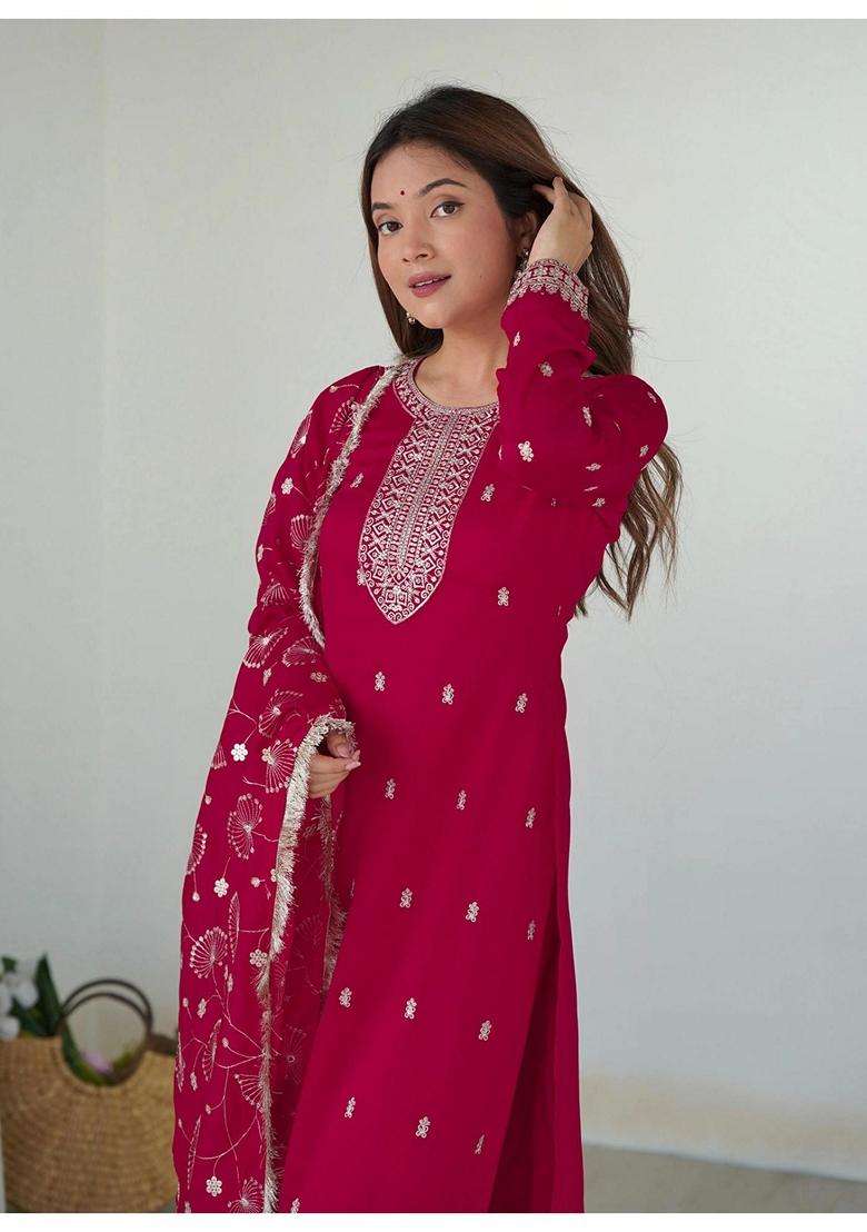 Pink Embroidery Georgette Kurta Set - Indya