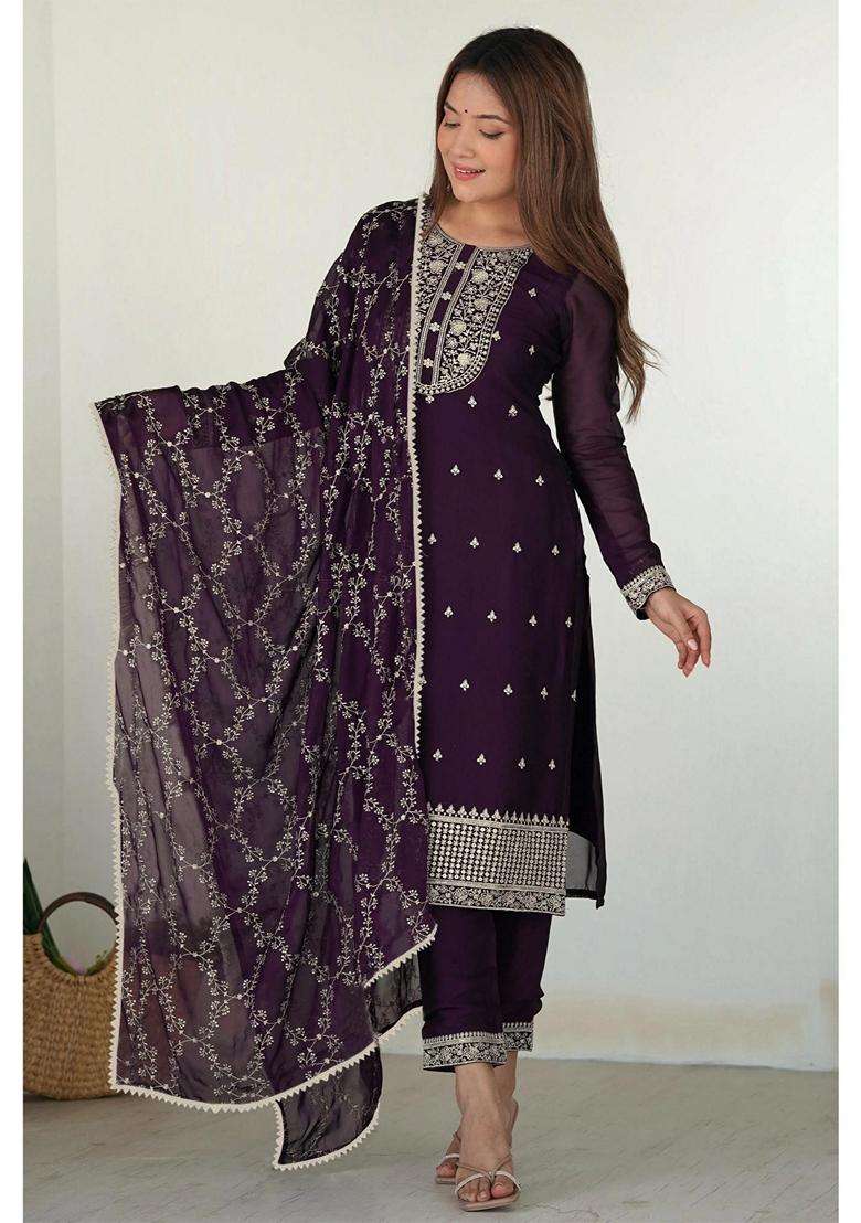 Purple Embroidery Georgette Kurta Set - Indya