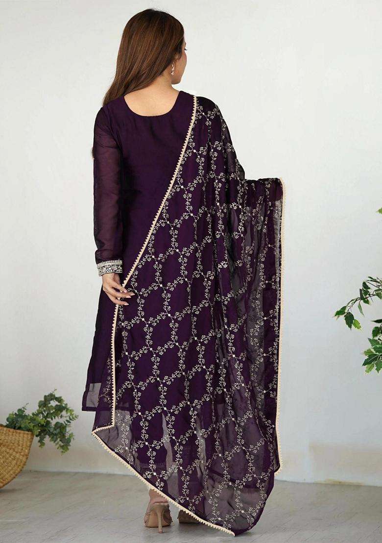 Purple Embroidery Georgette Kurta Set - Indya