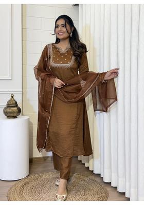 Brown Embroidery Silk Kurta Set