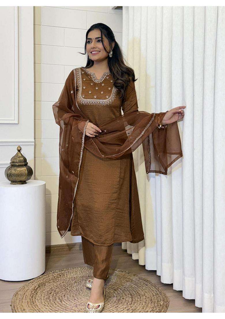 Brown Embroidery Silk Blend Kurta Set - Indya