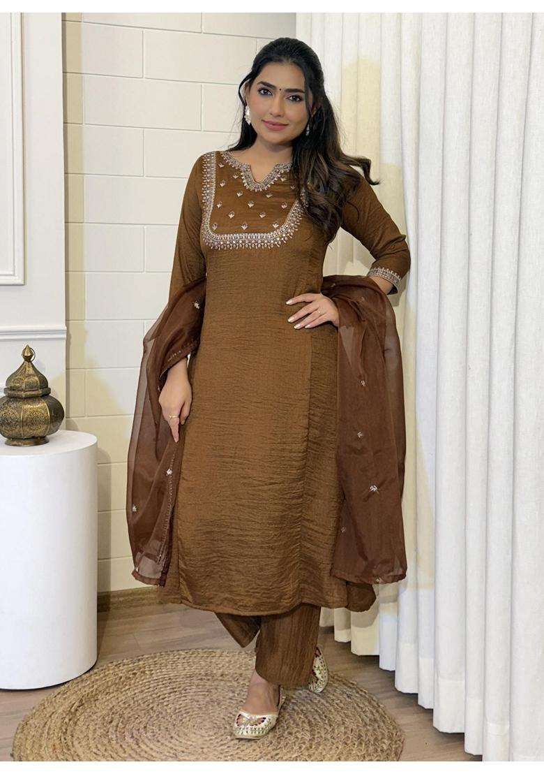 Brown Embroidery Silk Blend Kurta Set - Indya