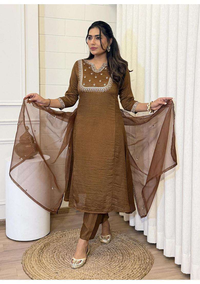 Brown Embroidery Silk Blend Kurta Set - Indya
