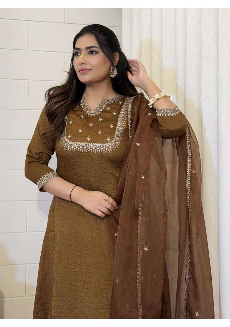 Brown Embroidery Silk Blend Kurta Set - Indya