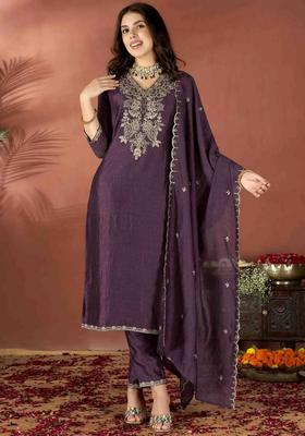 Purple Embroidery Silk Kurta Set